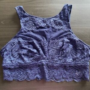 Aerie Navy Blue Floral Lace High Neck Bralette Large Scalloped Trim Mesh Panel